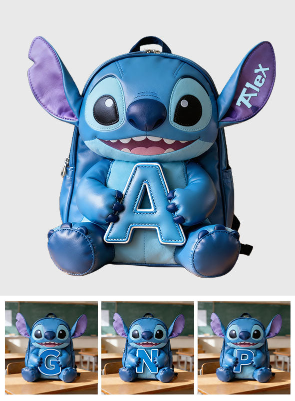 Cute Blue Alien & Letter - Personalized Ohana Changeable Leather Patch Backpack