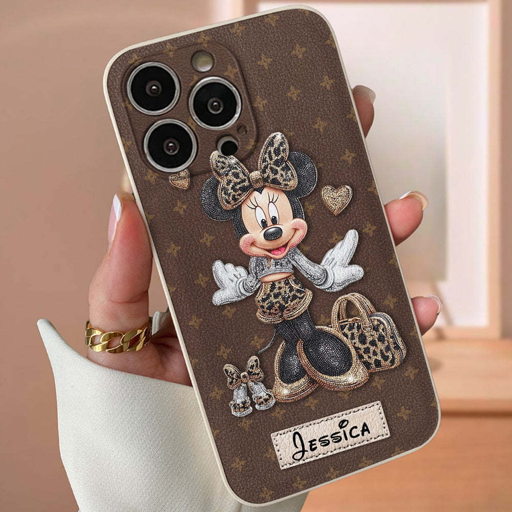 Chic Leopard Print & Bow Mouse - Personalized Mouse Leather Phone Case