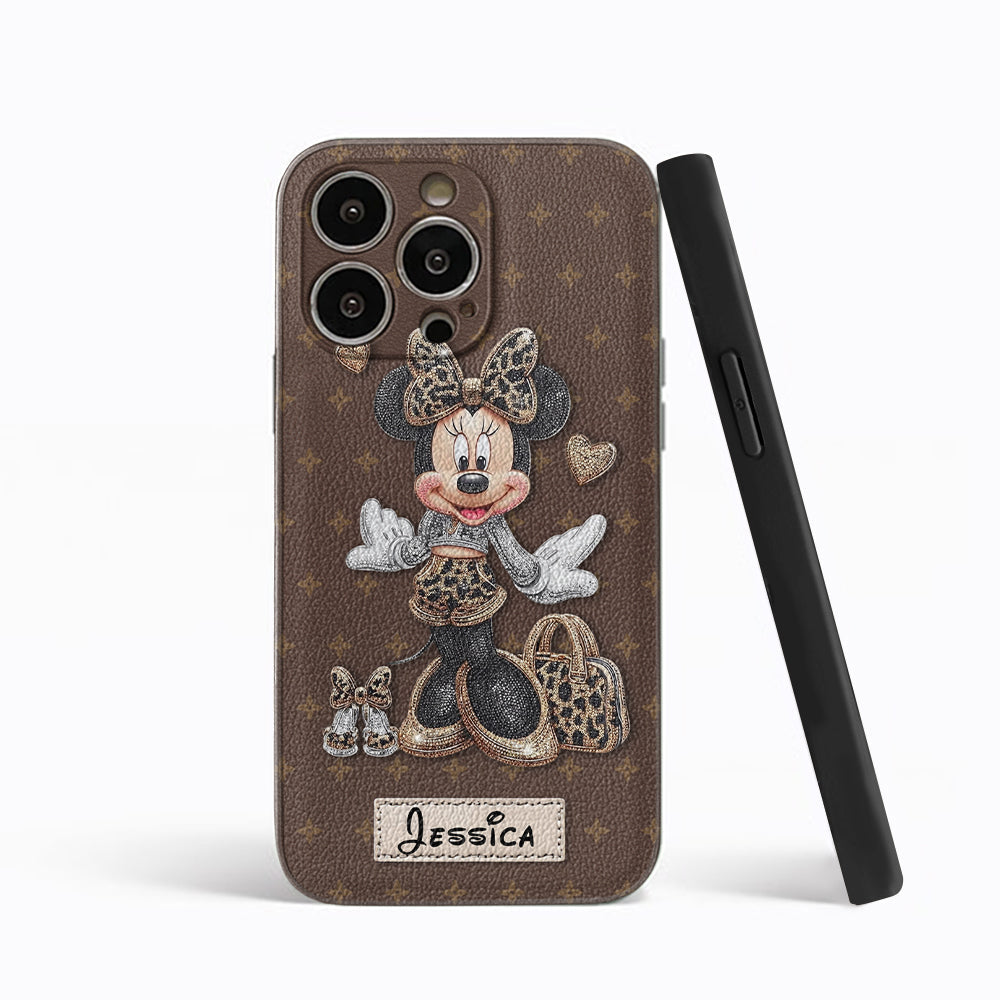 Chic Leopard Print & Bow Mouse - Personalized Mouse Leather Phone Case