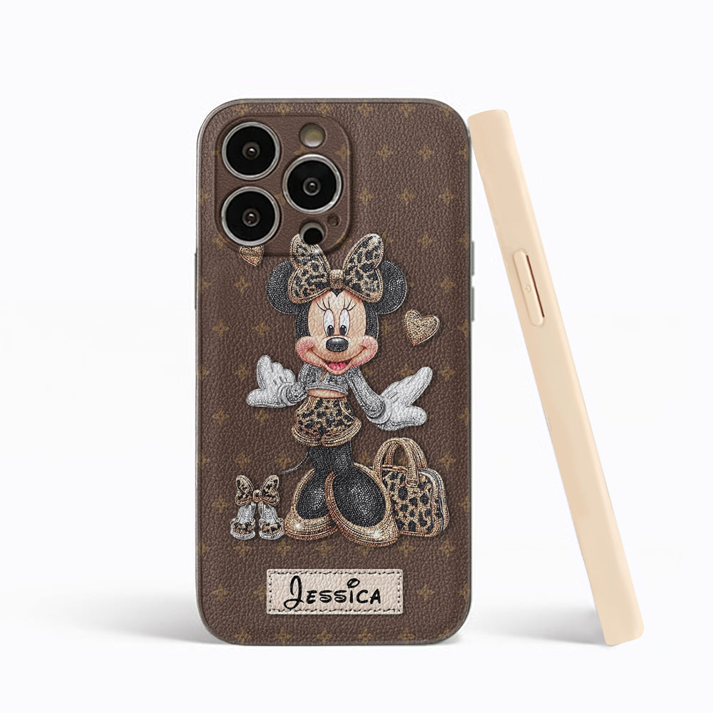 Chic Leopard Print & Bow Mouse - Personalized Mouse Leather Phone Case