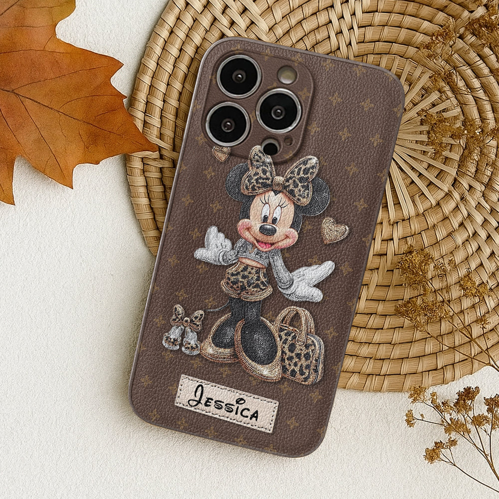 Chic Leopard Print & Bow Mouse - Personalized Mouse Leather Phone Case
