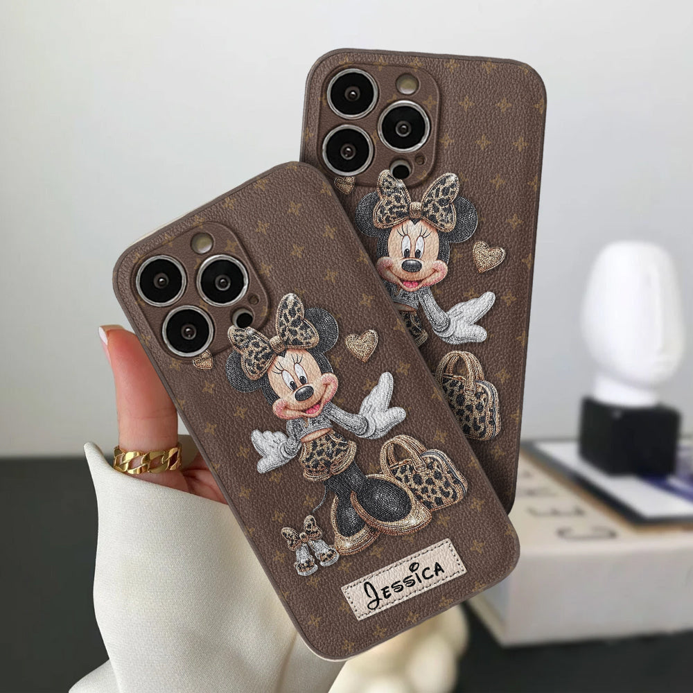 Chic Leopard Print & Bow Mouse - Personalized Mouse Leather Phone Case