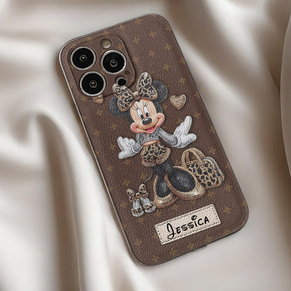 Chic Leopard Print & Bow Mouse - Personalized Mouse Leather Phone Case