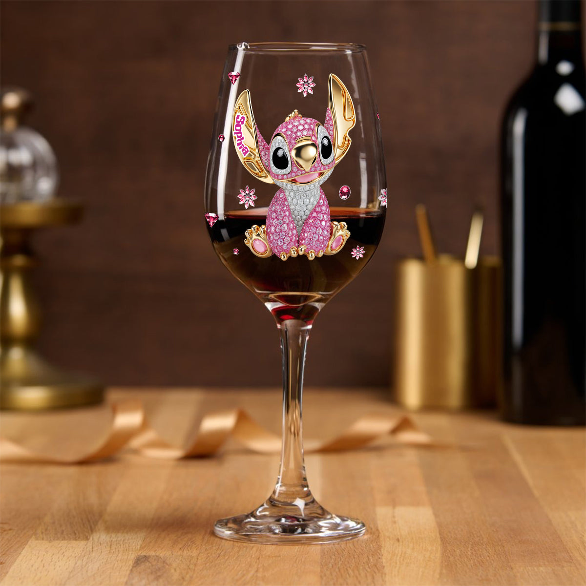 Blue And Pink Ohana - Personalized Ohana Wine Glass With Long Stem