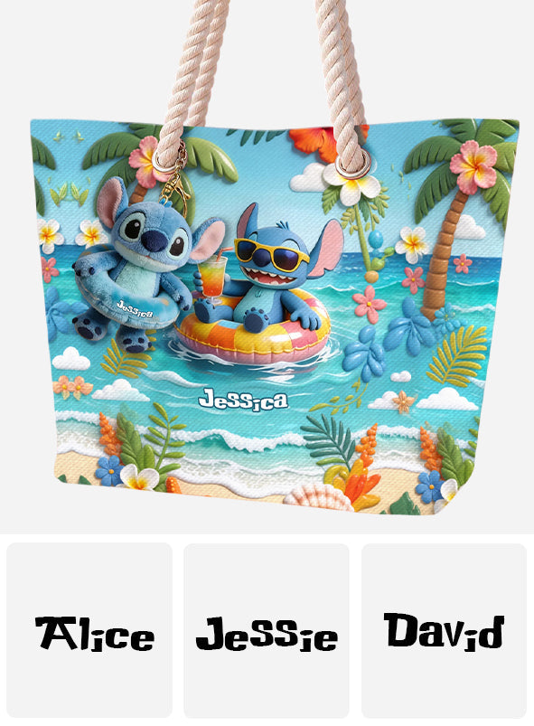 Blue Monster Summer Vibes - Personalized Ohana Beach Bag With Plush Charm