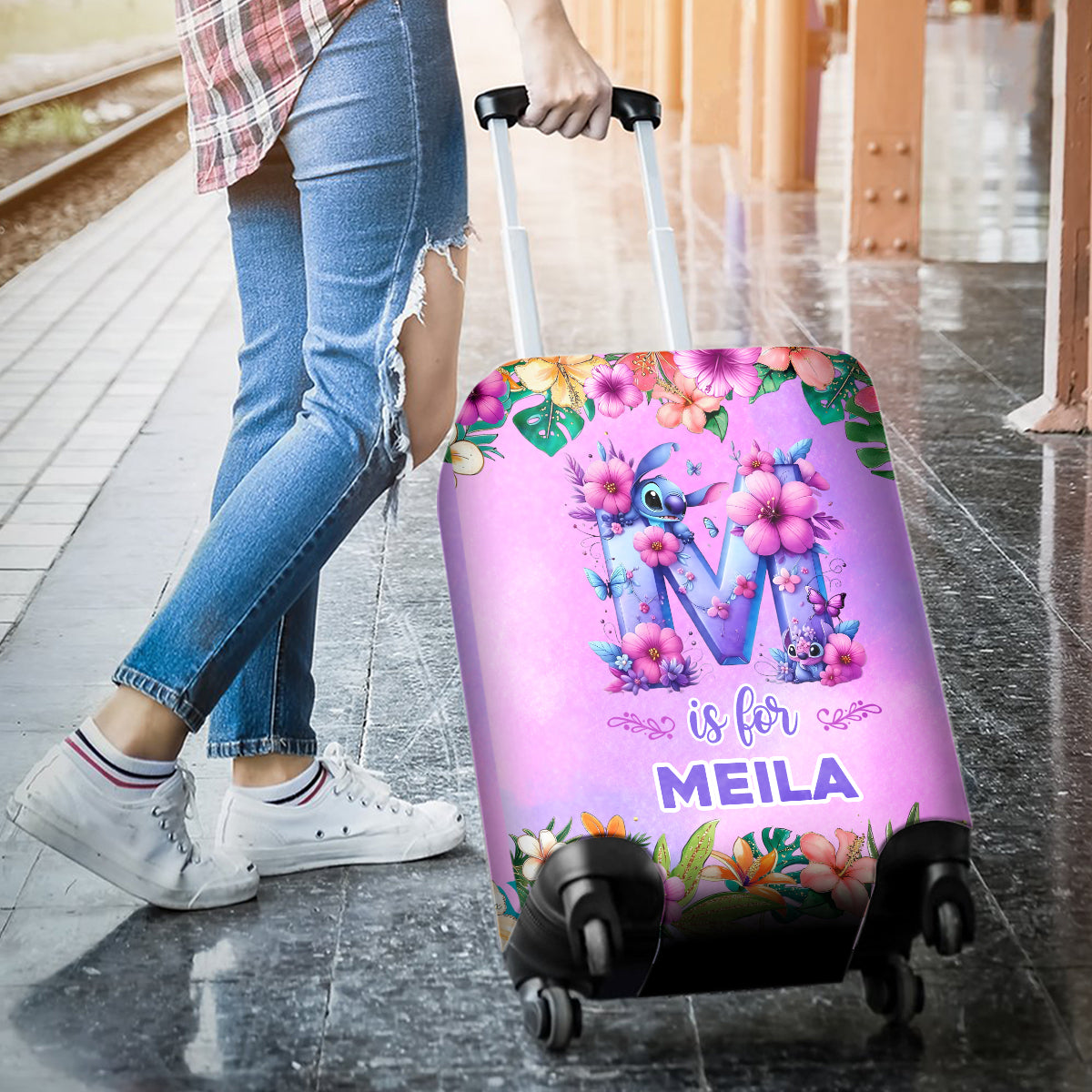 Blue Ohana Alphabet Letter Custom Name - Personalized Ohana Luggage Cover