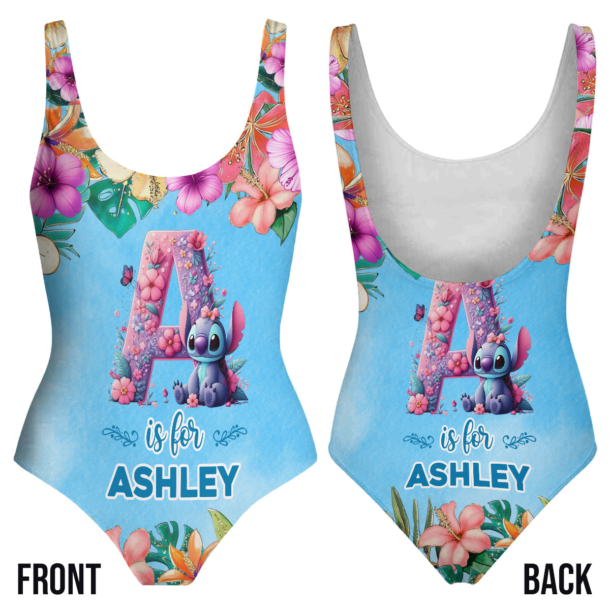 Blue Ohana Alphabet Letter Custom Name - Personalized Ohana Women Swimming Bodysuit & Beach Towel