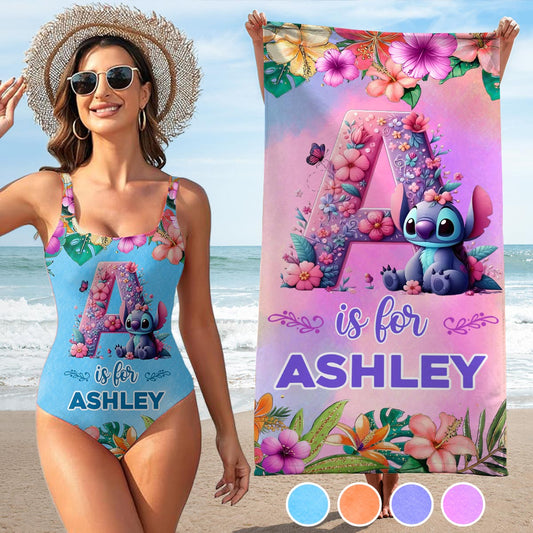 Blue Ohana Alphabet Letter Custom Name - Personalized Ohana Women Swimming Bodysuit & Beach Towel