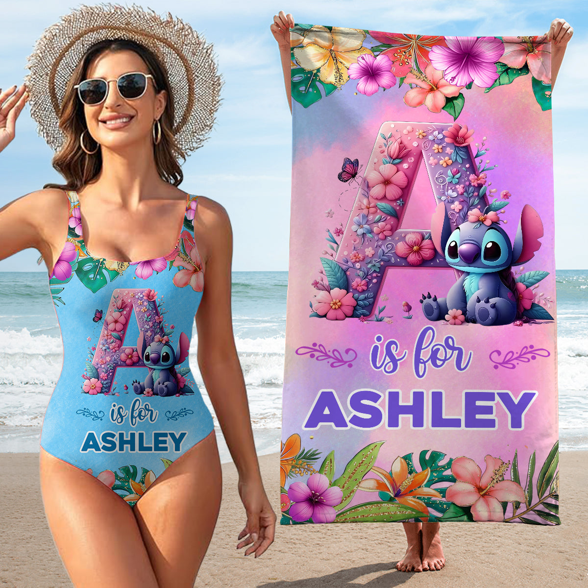 Blue Ohana Alphabet Letter Custom Name - Personalized Ohana Women Swimming Bodysuit & Beach Towel