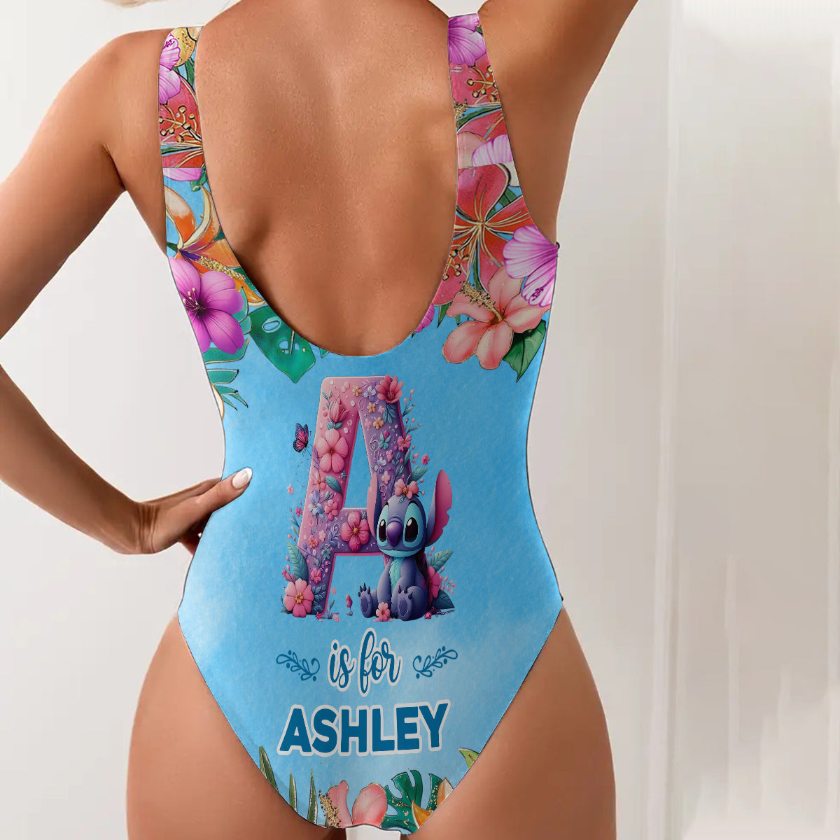 Blue Ohana Alphabet Letter Custom Name - Personalized Ohana Women Swimming Bodysuit & Beach Towel