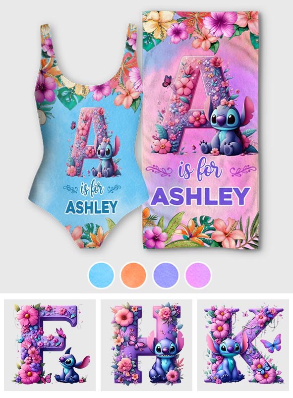 Blue Ohana Alphabet Letter Custom Name - Personalized Ohana Women Swimming Bodysuit & Beach Towel