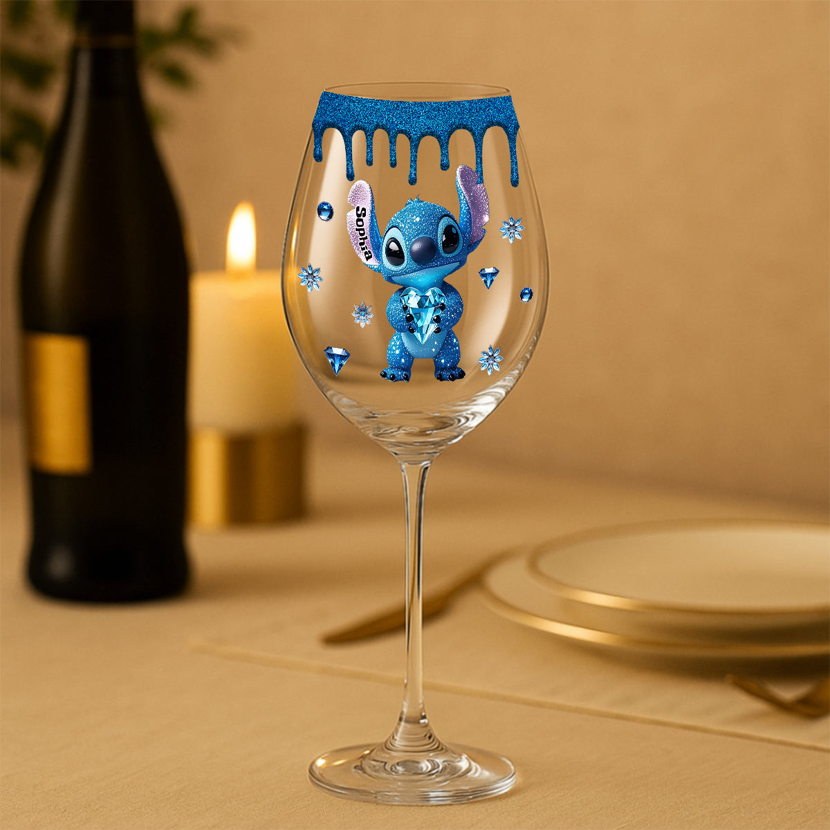 Blue Drip - Personalized Ohana Wine Glass With Long Stem