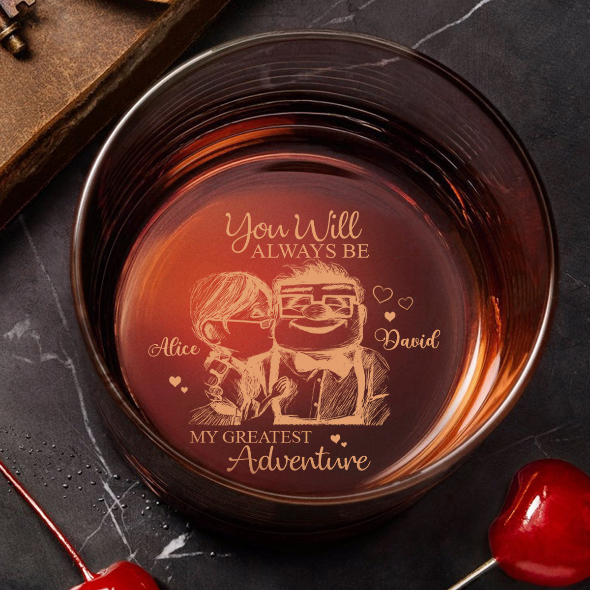 Carl and Elli - Personalized Mouse Engraved Whiskey Glass