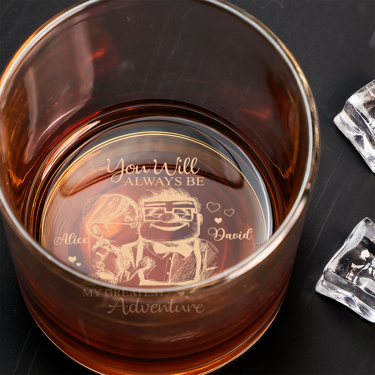 Carl and Elli - Personalized Mouse Engraved Whiskey Glass