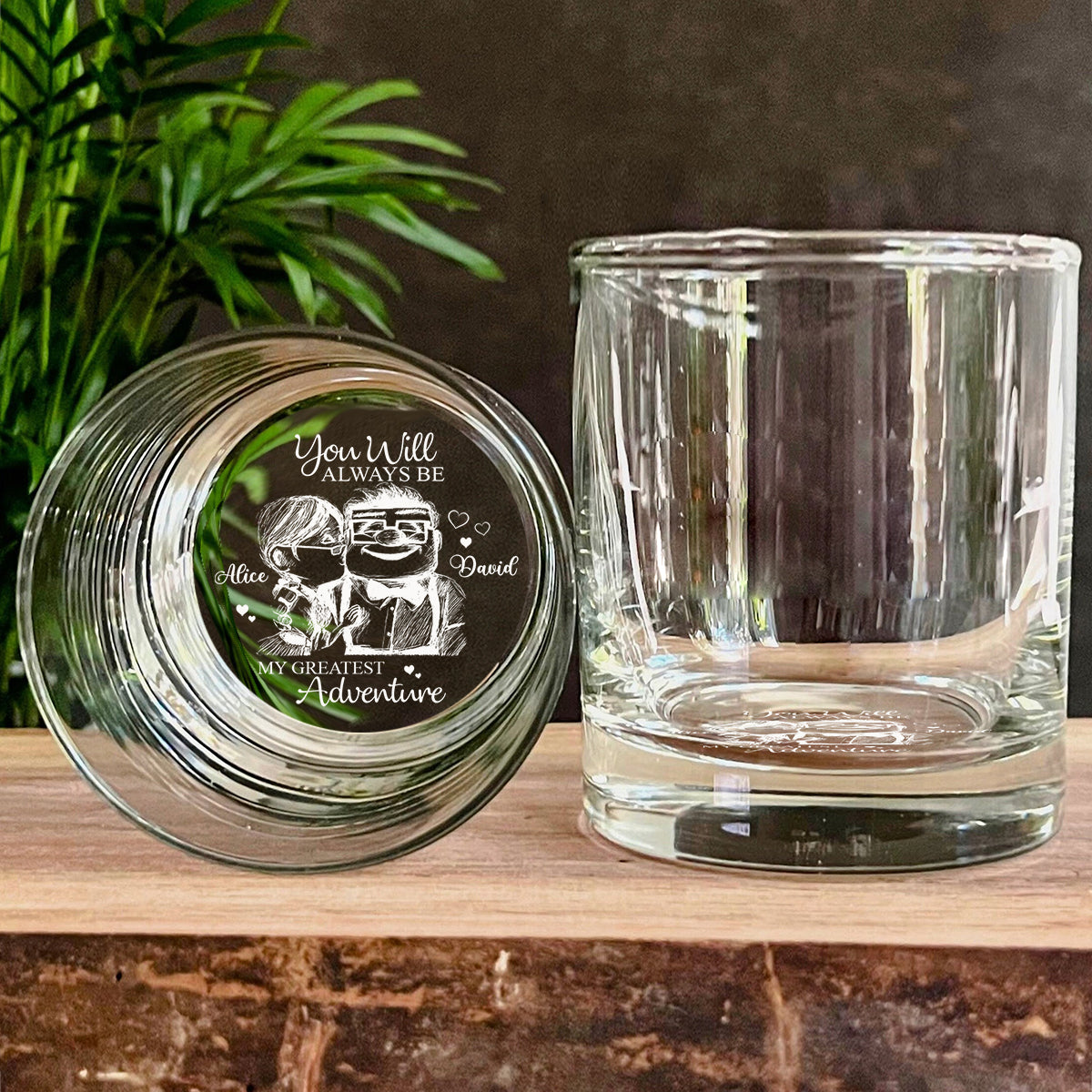 Carl and Elli - Personalized Mouse Engraved Whiskey Glass