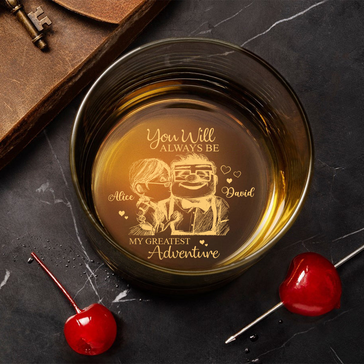 Carl and Elli - Personalized Mouse Engraved Whiskey Glass