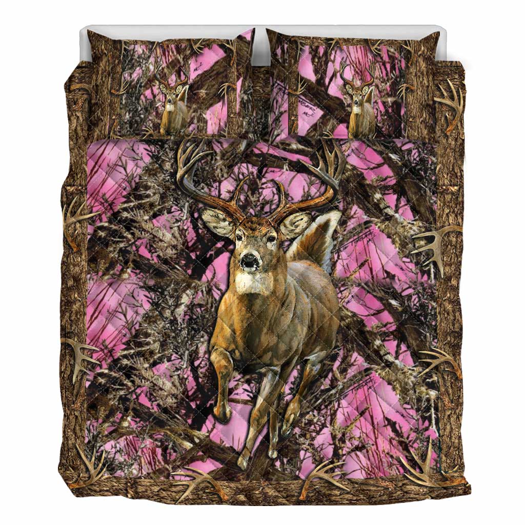 Pink Camo Deer Hunting Hunting Quilt Set 0622