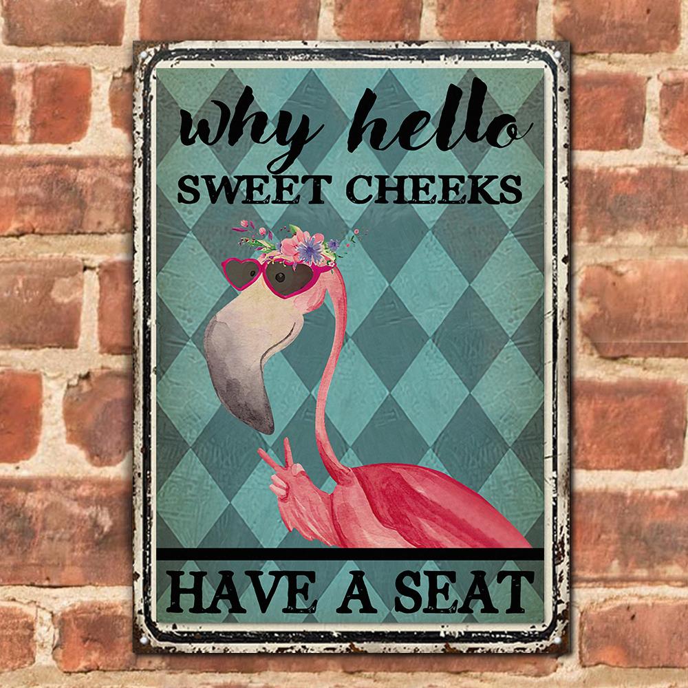 Hello Sweet Cheeks - Flamingo Rectangle Metal Sign