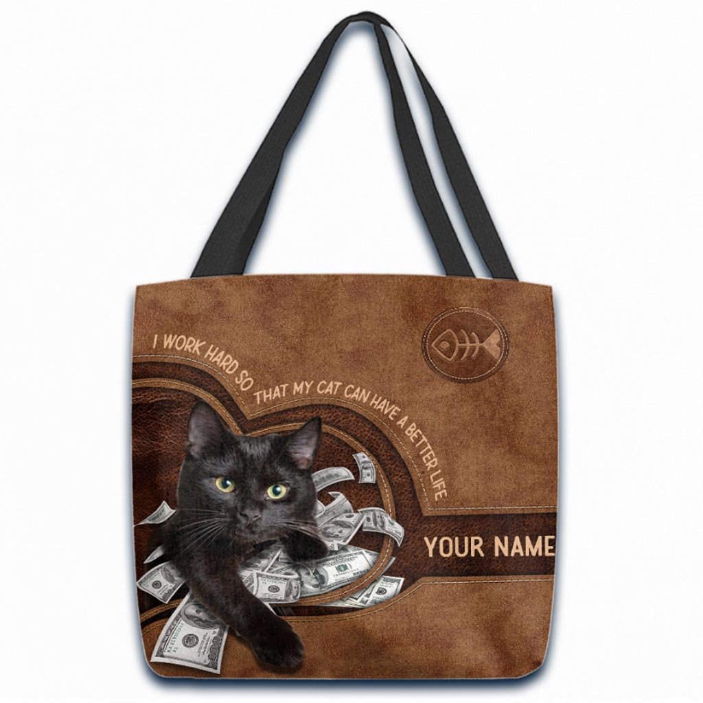 I Work Hard - Black Cat Personalized Tote Bag