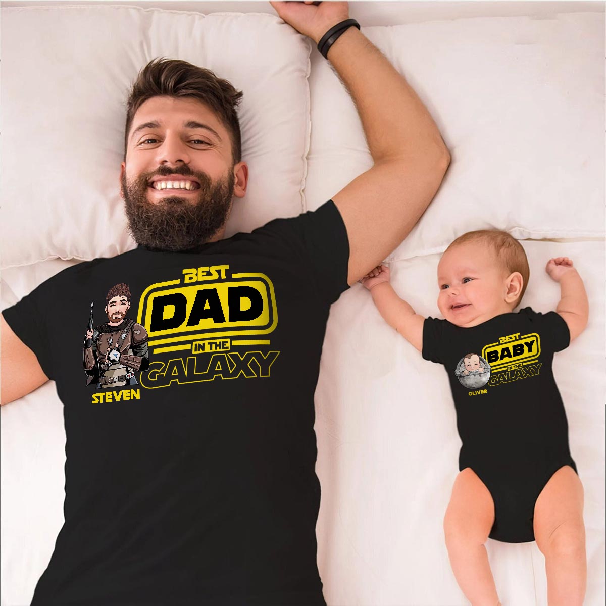 Best Dad In The Galaxy - Personalized Father T-shirt And Baby Onesie