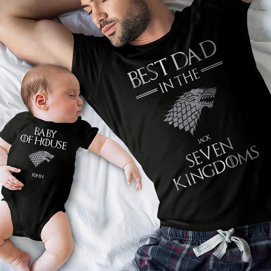 Best Dad In The Seven Kingdoms - Personalized Thrones Game T-shirt And Baby Onesie