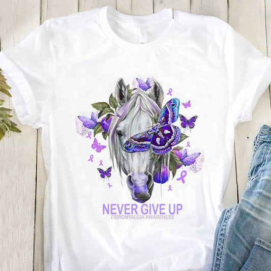 Never Give Up Horse Purple Butterfly - Fibromyalgia Awareness T-shirt and Hoodie 112021