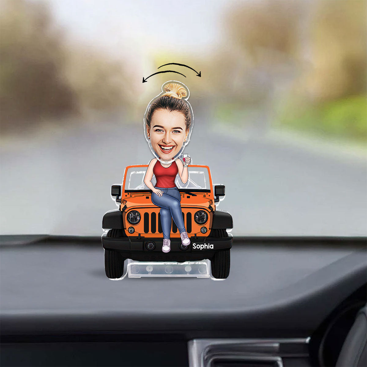 Cartoonized Photo Sitting On Car - Personalized Car Custom Shaking Head