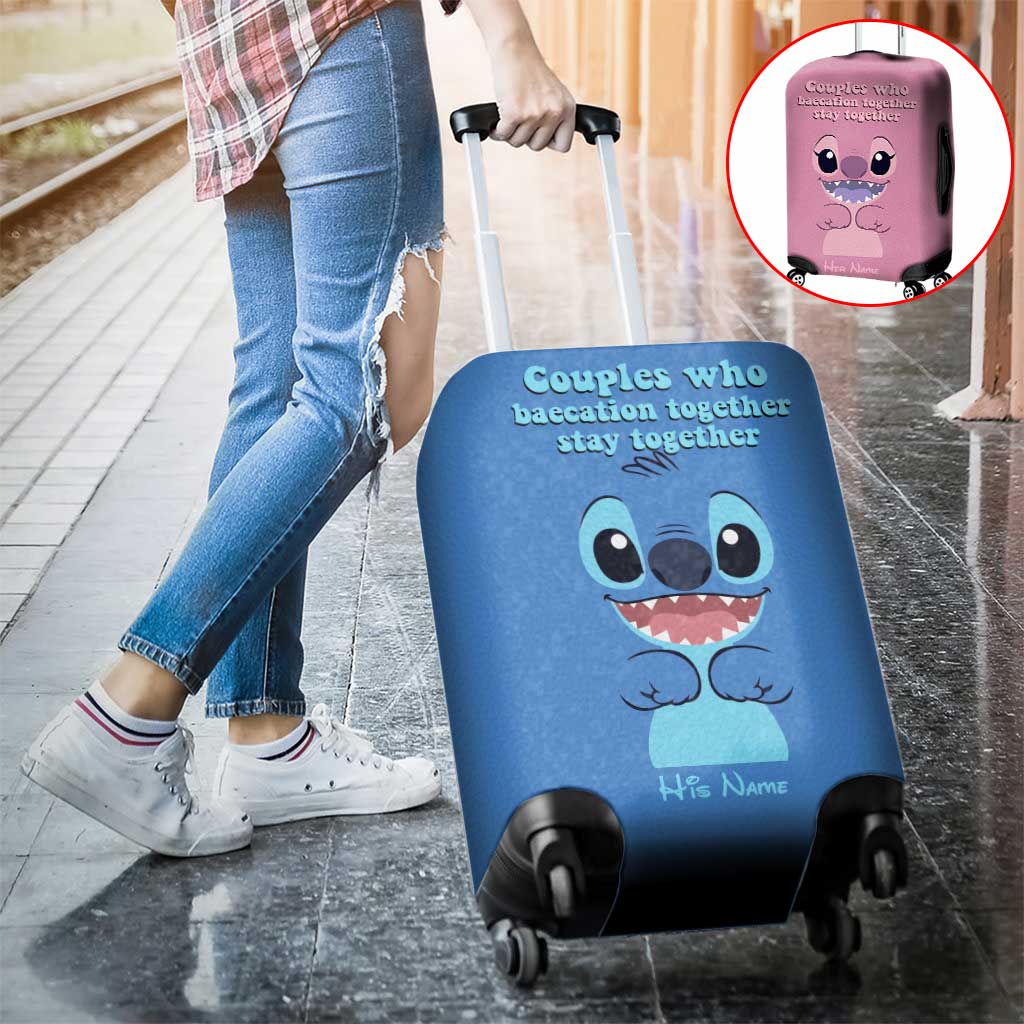 Baecation Ohana - Personalized Couple Travelling Luggage Cover With Leather Pattern Print