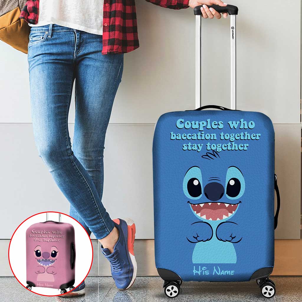 Baecation Ohana - Personalized Couple Travelling Luggage Cover With Leather Pattern Print