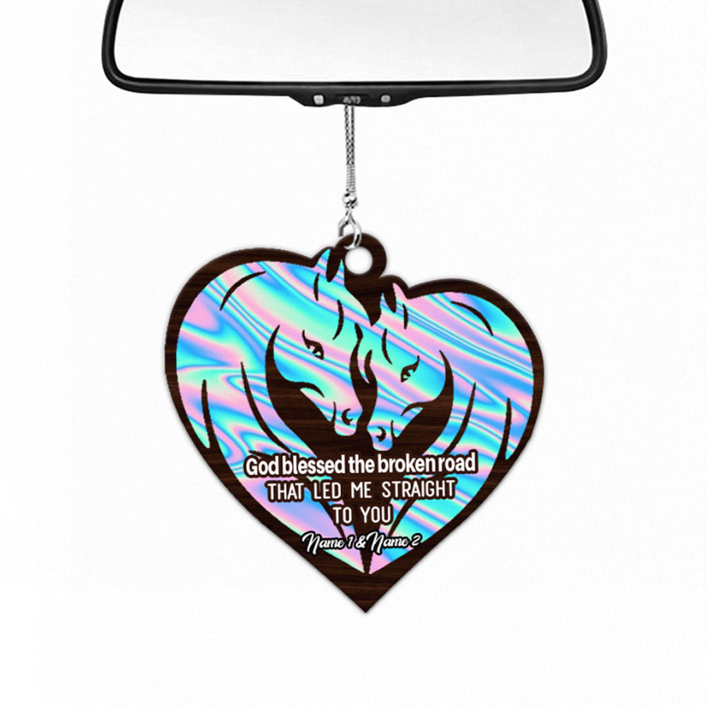 God Blessed The Broken Road - Personalized Couple Horse Car Ornament (Printed On Both Sides)
