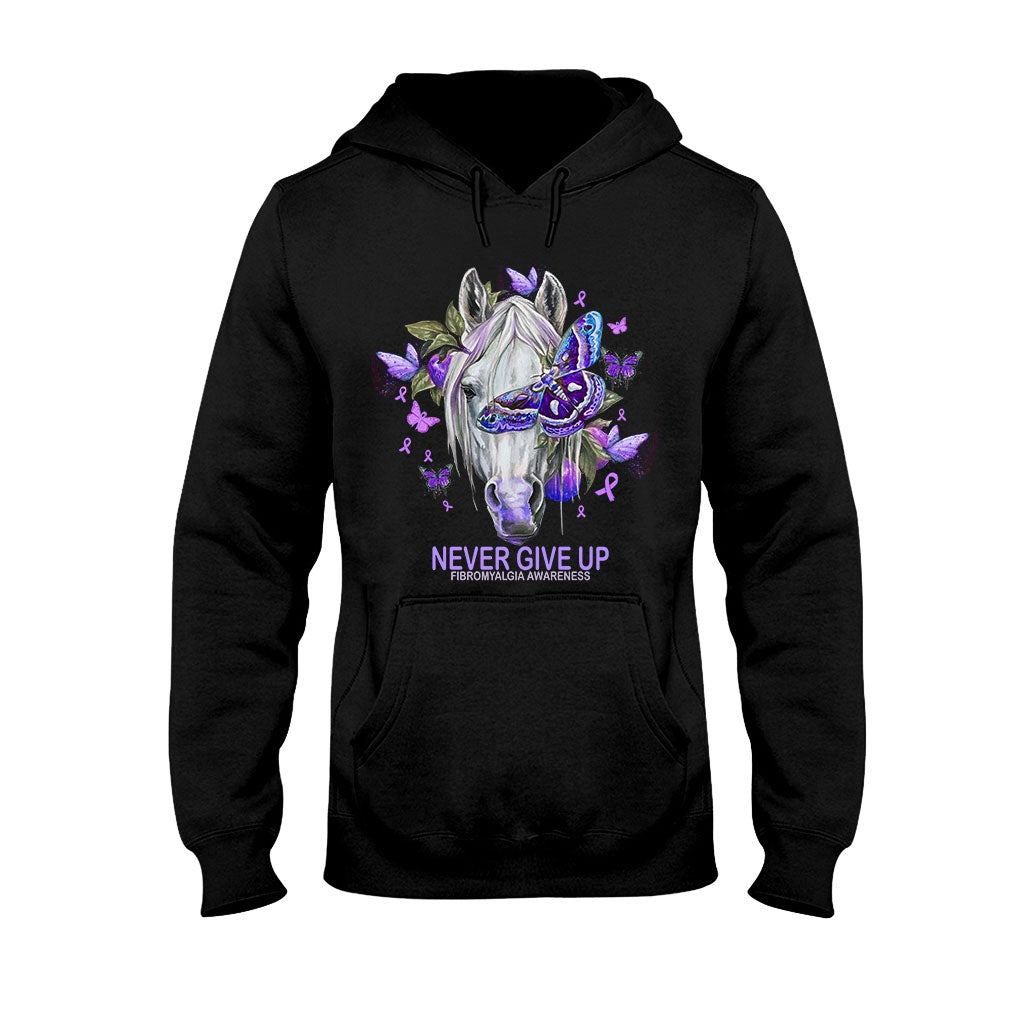 Never Give Up Horse Purple Butterfly - Fibromyalgia Awareness T-shirt and Hoodie 112021