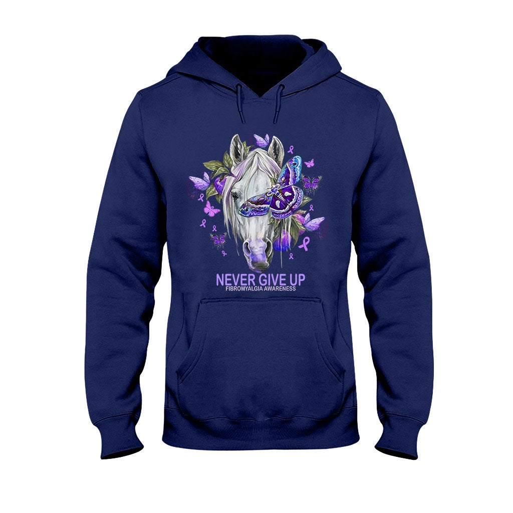 Never Give Up Horse Purple Butterfly - Fibromyalgia Awareness T-shirt and Hoodie 112021