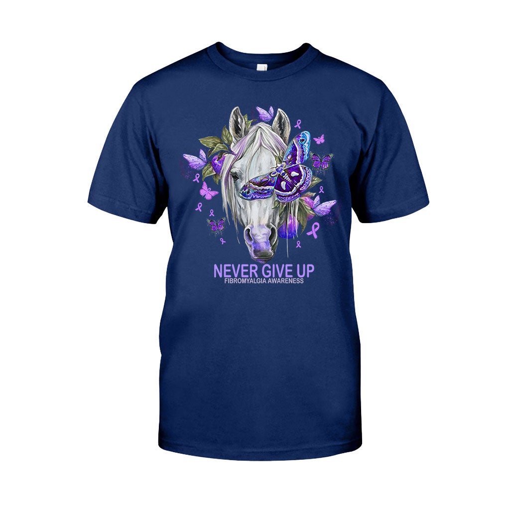 Never Give Up Horse Purple Butterfly - Fibromyalgia Awareness T-shirt and Hoodie 112021