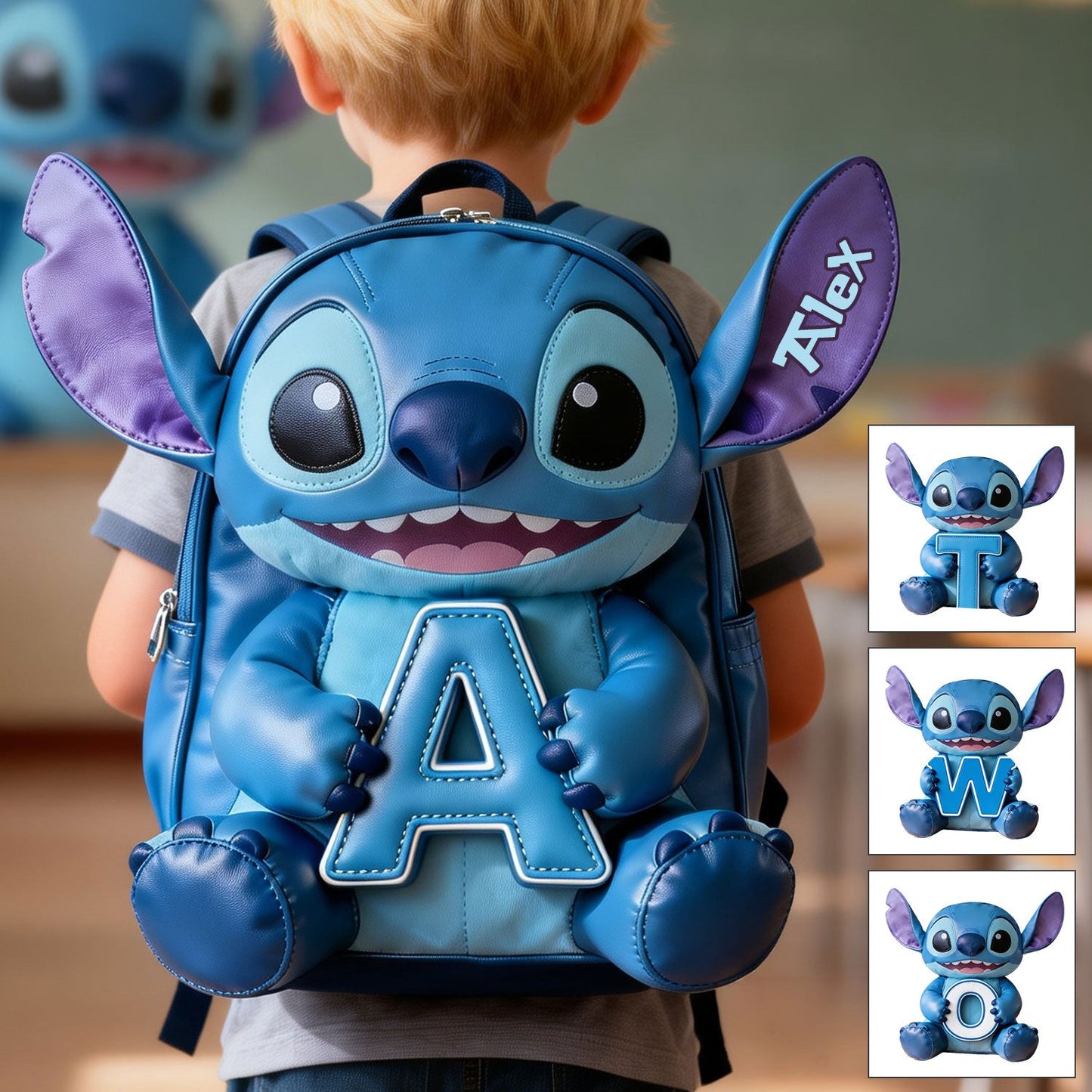 Cute Blue Alien & Letter - Personalized Ohana Changeable Leather Patch Backpack