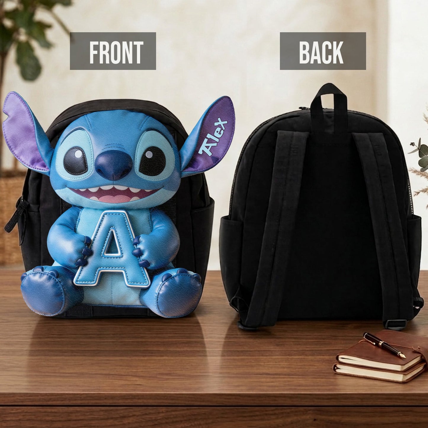 Cute Blue Alien & Letter - Personalized Ohana Changeable Leather Patch Backpack