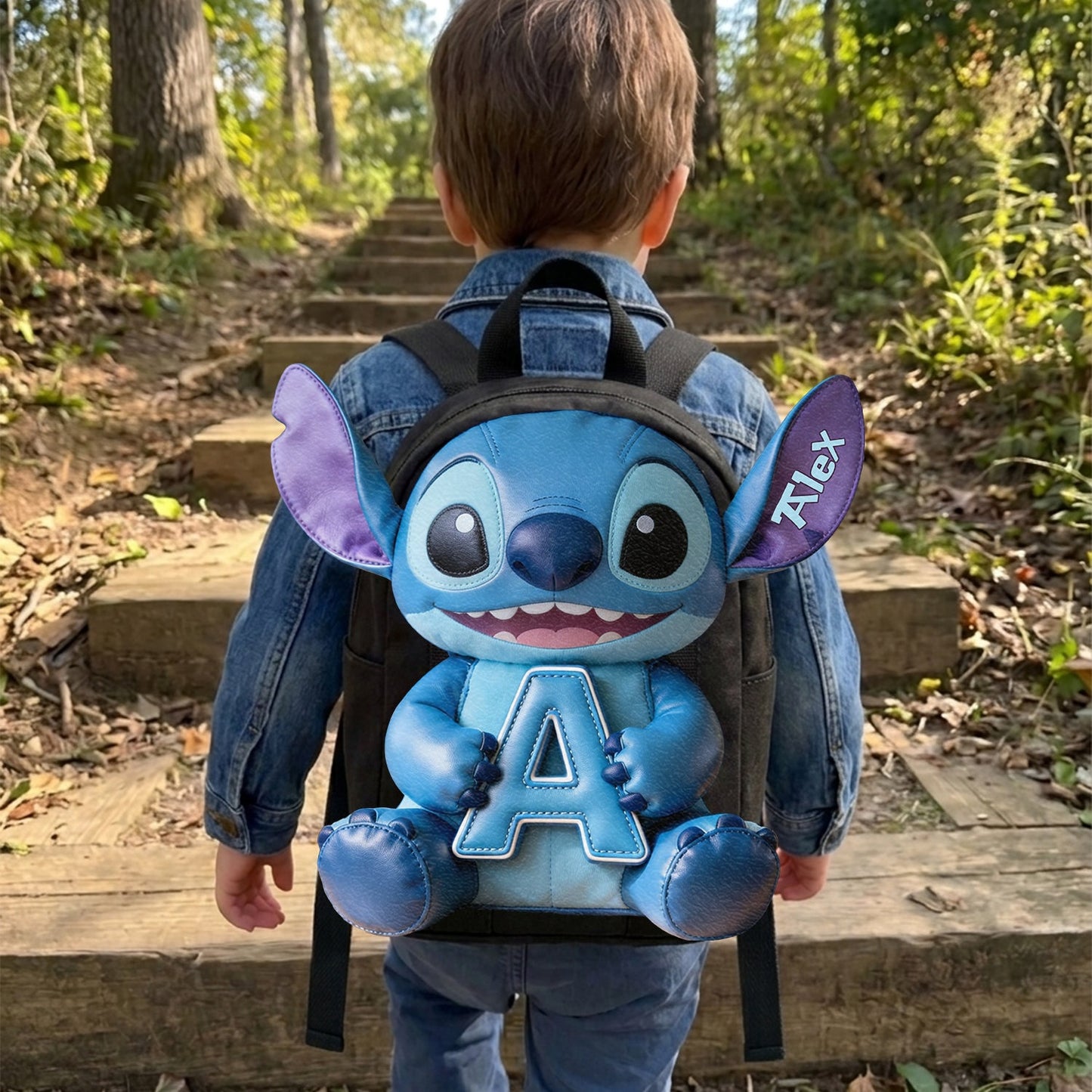 Cute Blue Alien & Letter - Personalized Ohana Changeable Leather Patch Backpack