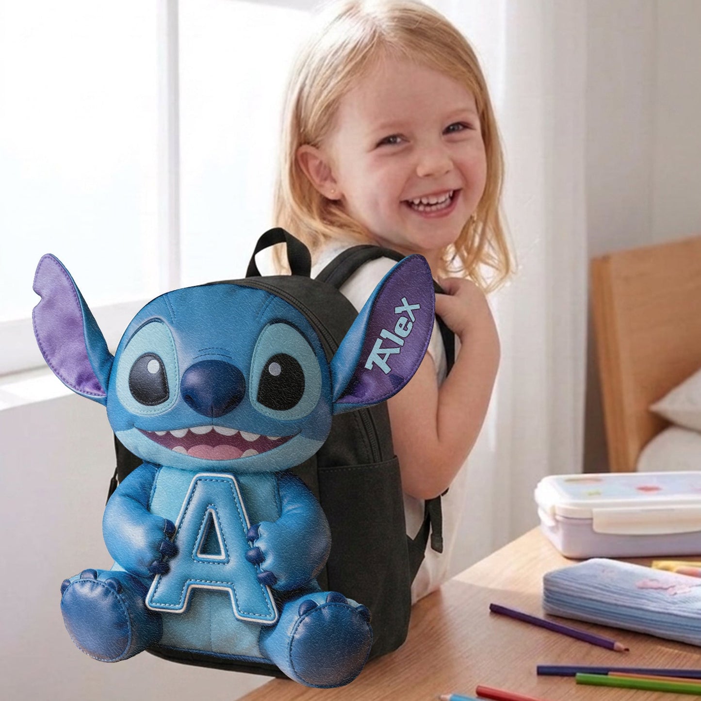 Cute Blue Alien & Letter - Personalized Ohana Changeable Leather Patch Backpack