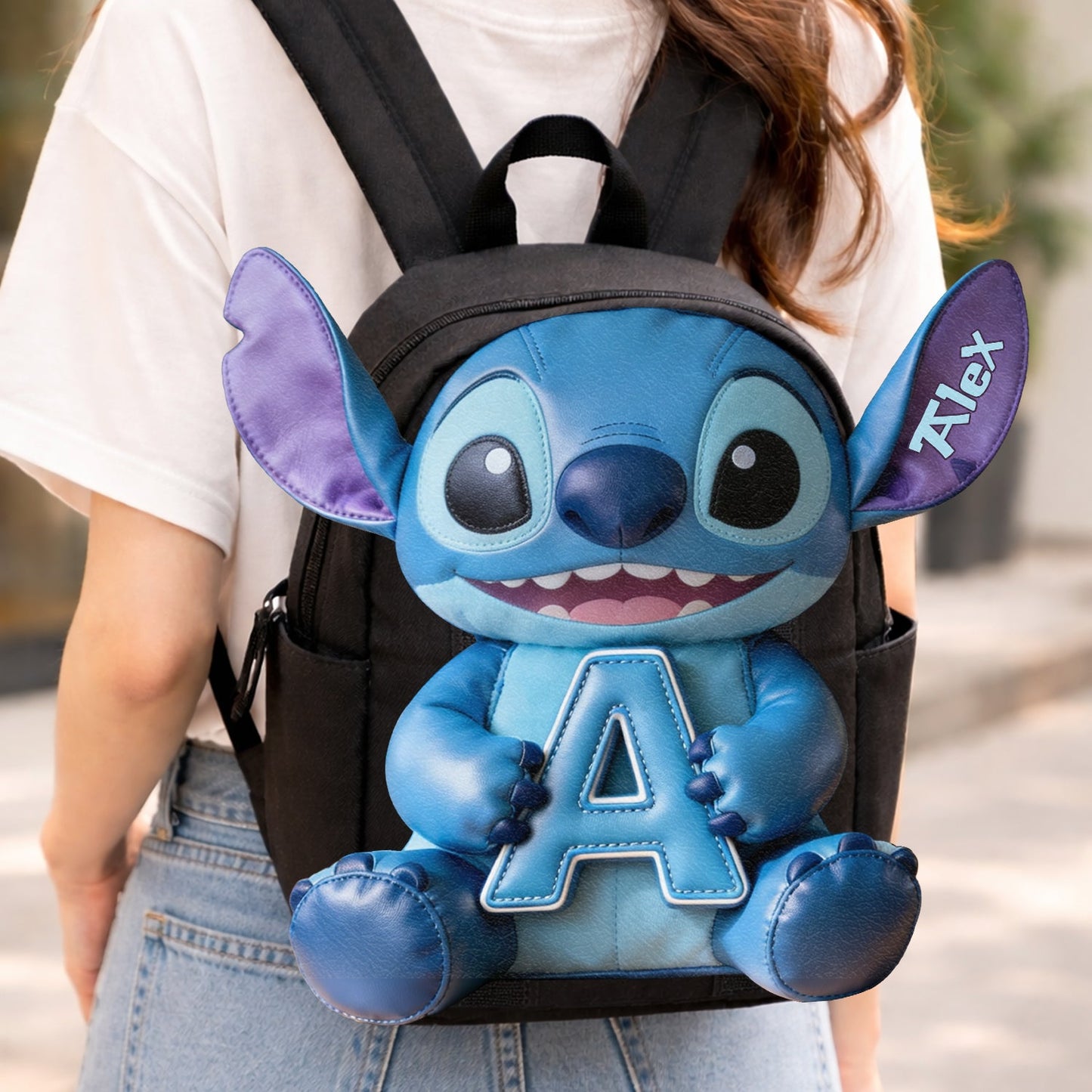 Cute Blue Alien & Letter - Personalized Ohana Changeable Leather Patch Backpack
