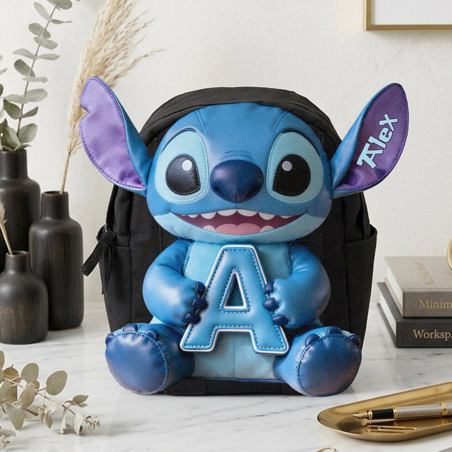 Cute Blue Alien & Letter - Personalized Ohana Changeable Leather Patch Backpack