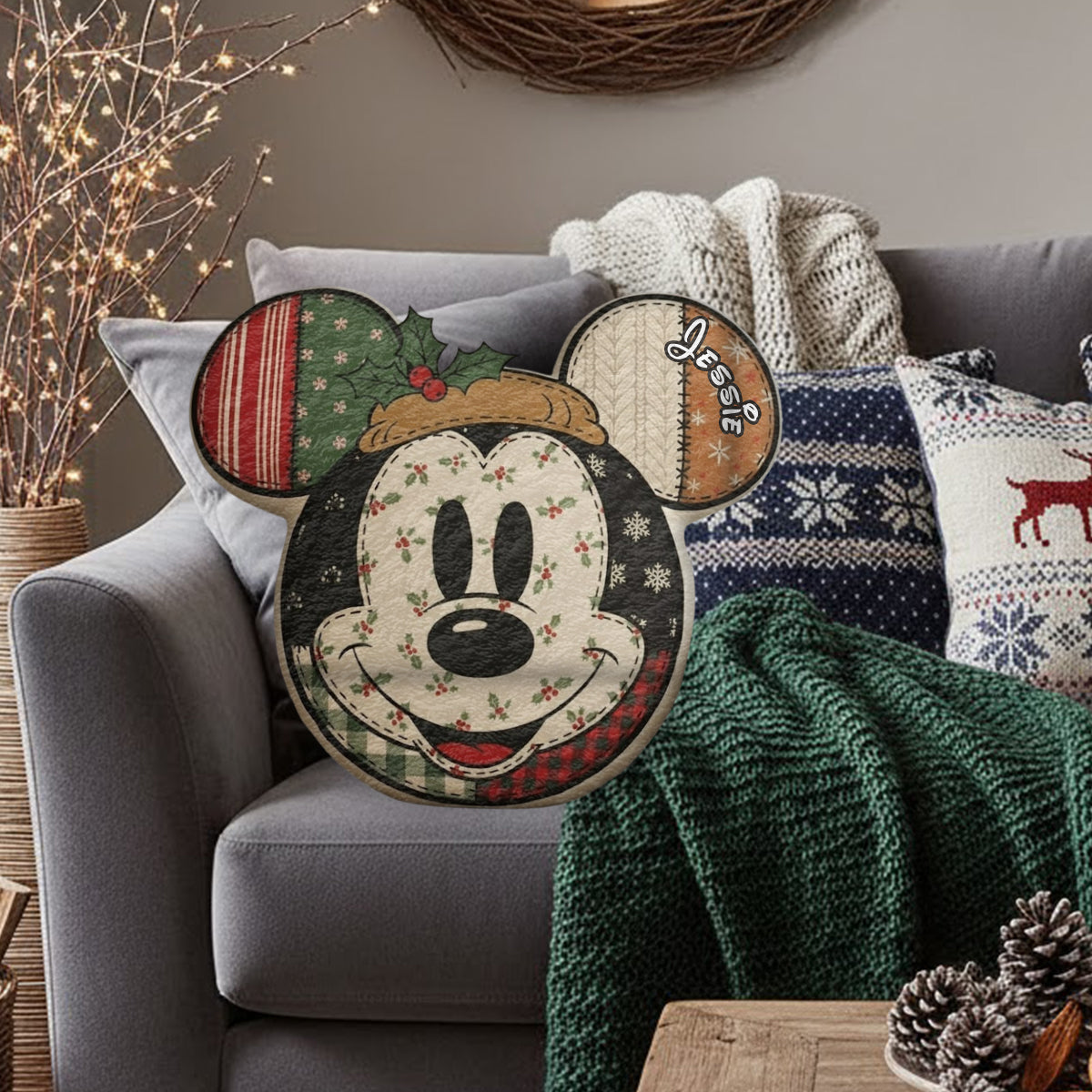 Cartoon Mouse Christmas - Personalized Mouse Faux Fur Shaped Pillow
