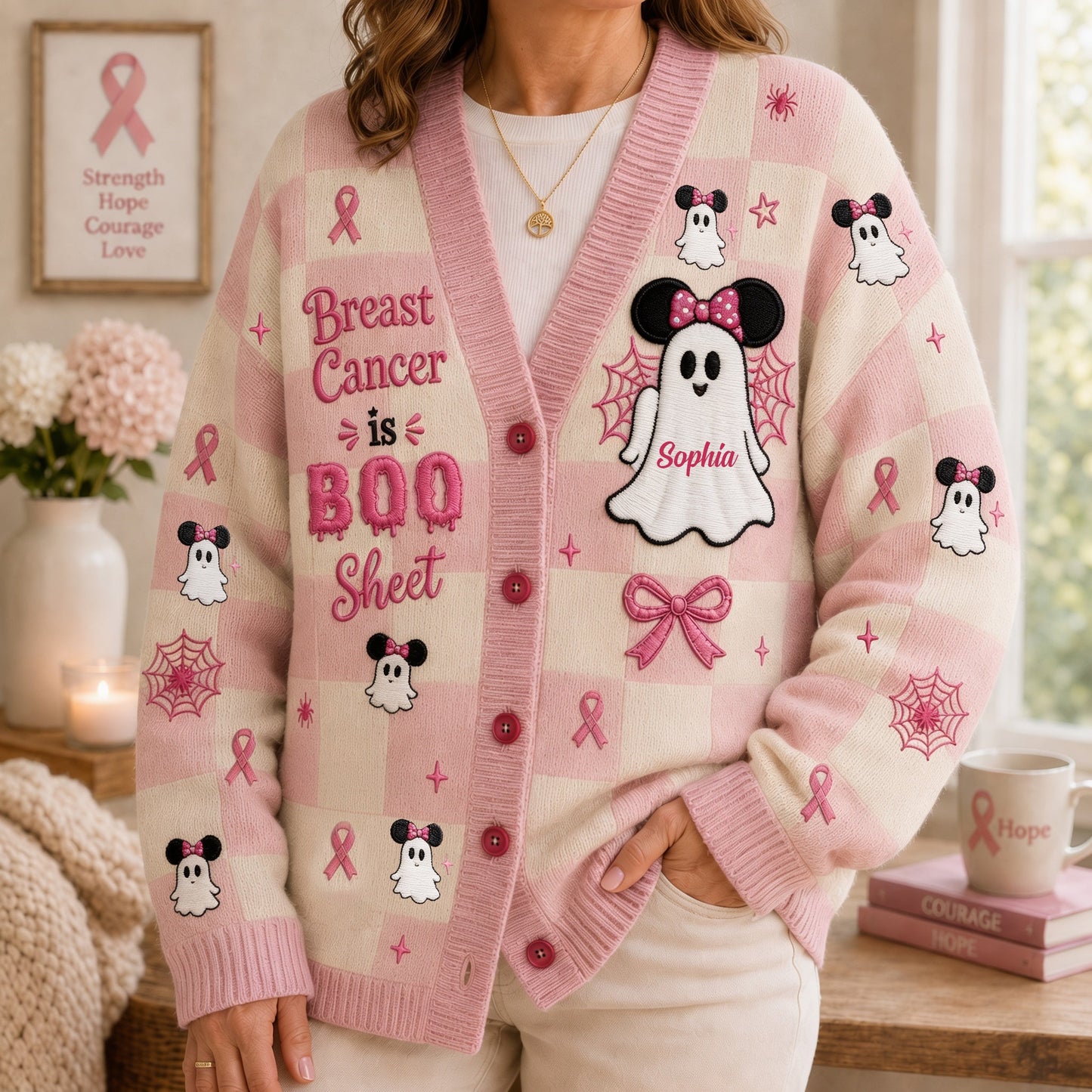 Breast Cancer Is Boo Sheet - Personalized Breast Cancer Awareness Cardigan Sweater