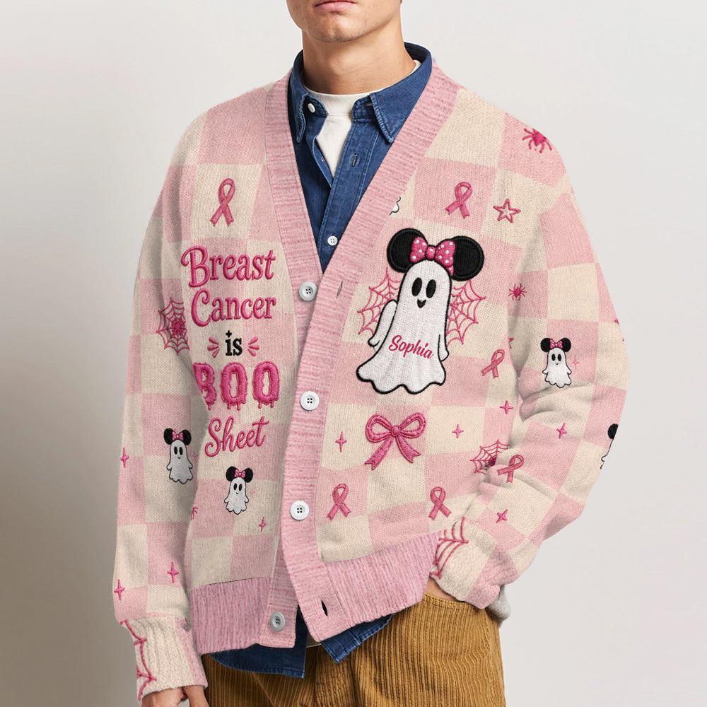 Breast Cancer Is Boo Sheet - Personalized Breast Cancer Awareness Cardigan Sweater