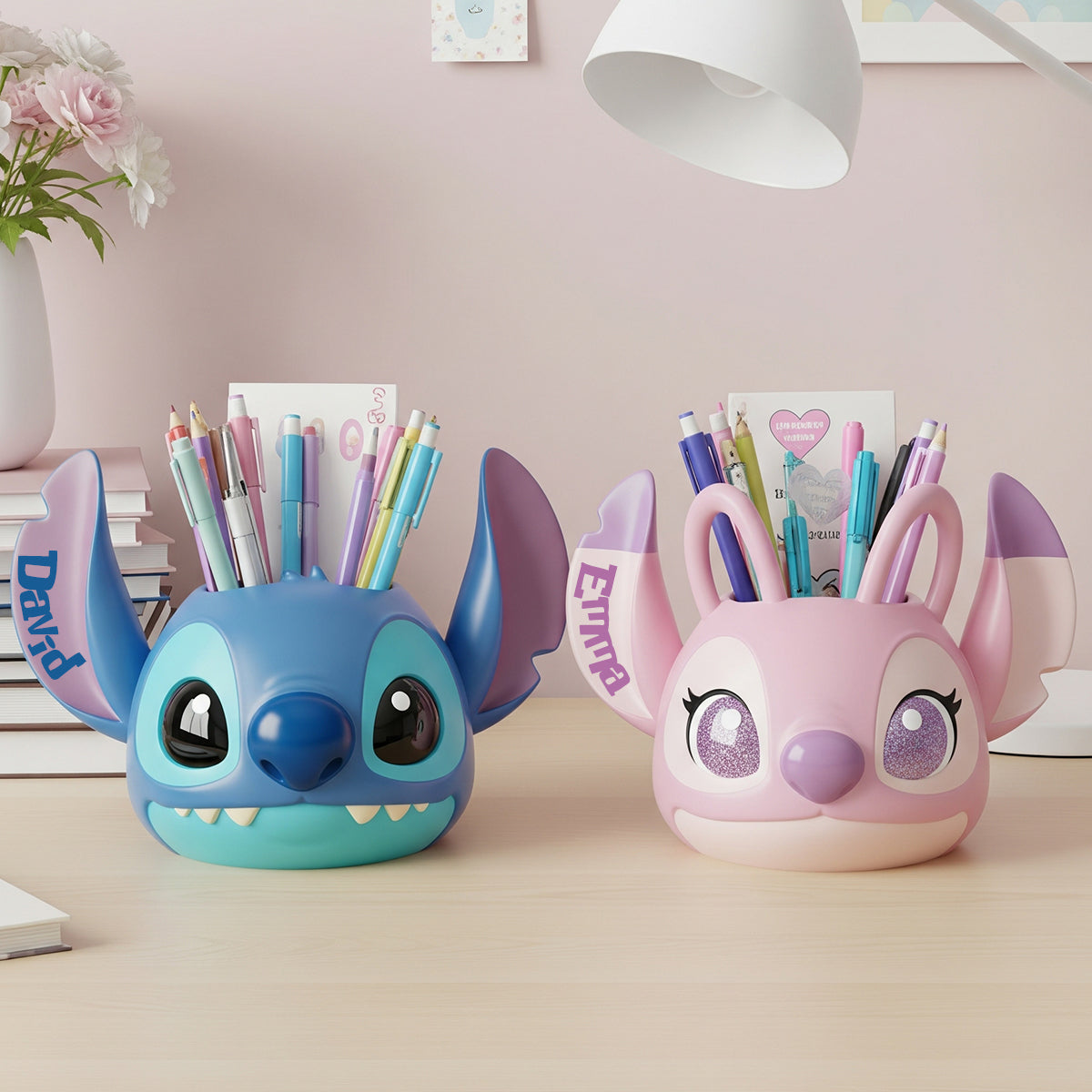 Blue and Pink Monster - Personalized Ohana Wooden Pen Holder