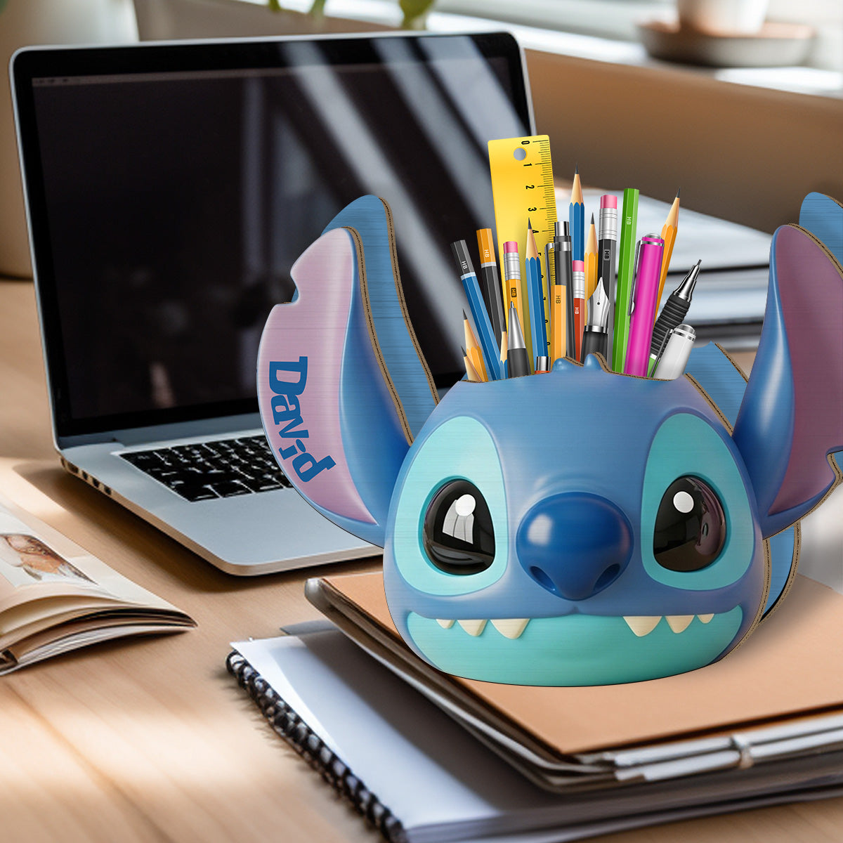 Blue and Pink Monster - Personalized Ohana Wooden Pen Holder