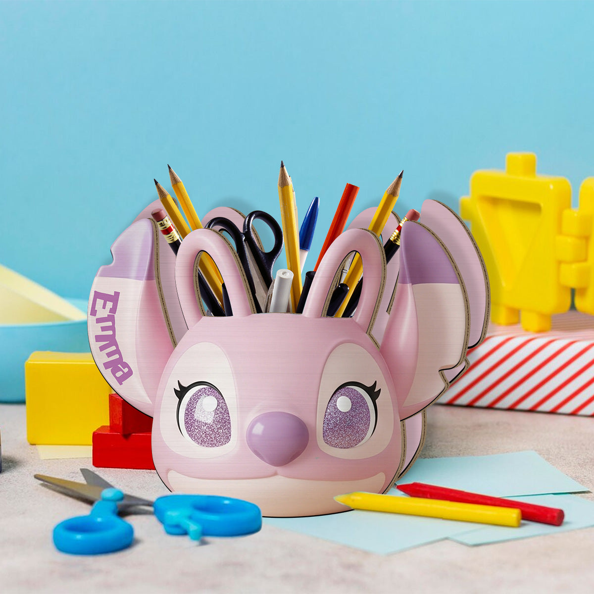 Blue and Pink Monster - Personalized Ohana Wooden Pen Holder