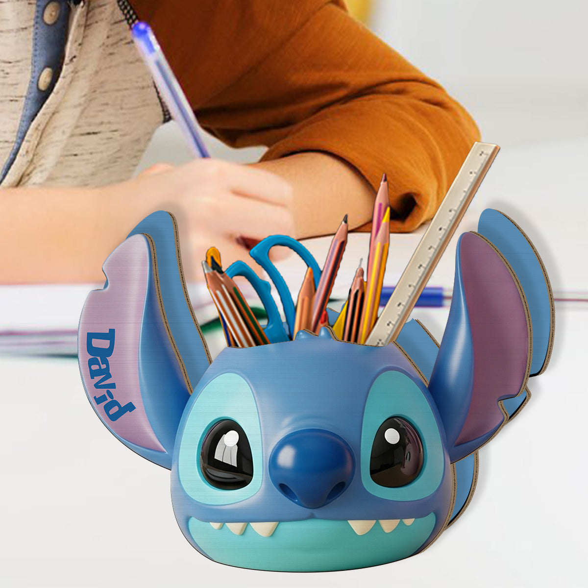 Blue and Pink Monster - Personalized Ohana Wooden Pen Holder