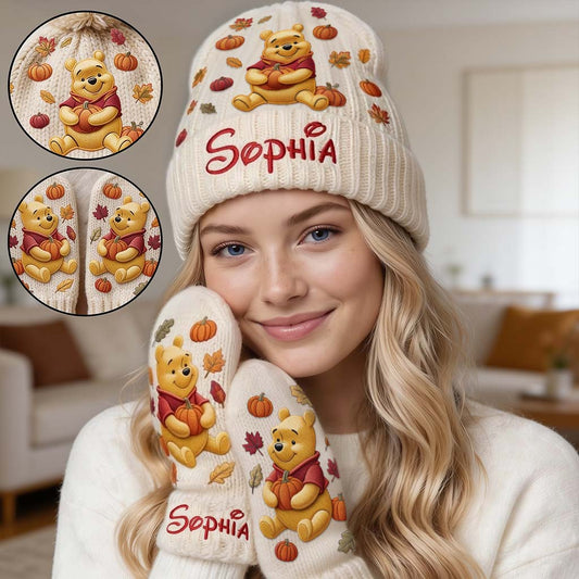 Happy Autumn - Personalized Yellow Bear Beanie Hat & Knitted Mittens