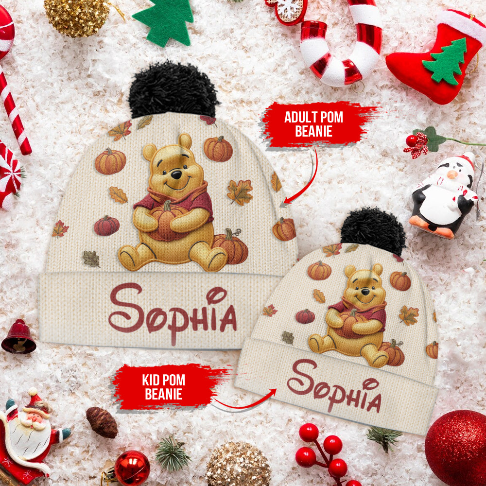 Happy Autumn - Personalized Yellow Bear Beanie Hat & Knitted Mittens