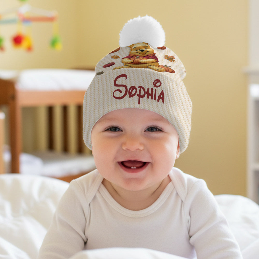 Happy Autumn - Personalized Yellow Bear Beanie Hat & Knitted Mittens