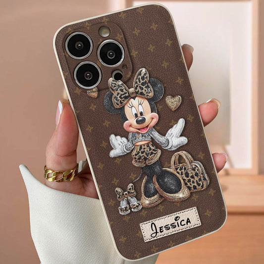 Chic Leopard Print & Bow Mouse - Personalized Mouse Leather Phone Case
